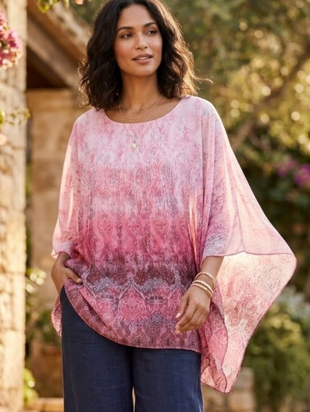Alia Pink ombre bohemian Flowy Lightweight poncho blouse OS